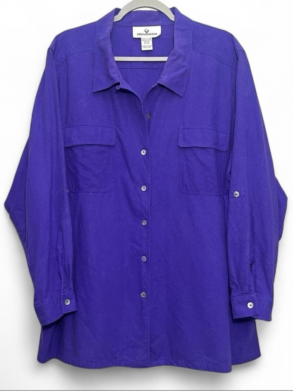 VTG Erin London Purple Oversize Silk Button Up Roll Tab Tunic 3XL Career Relaxed